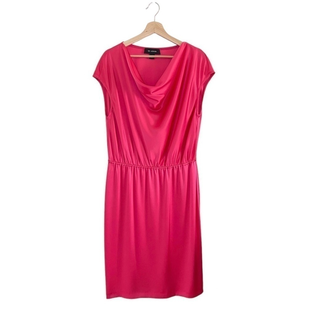 St. John Liquid Satin Cap Sleeve Drape Cowl Neck Blouson Dress Hot Pink 12
